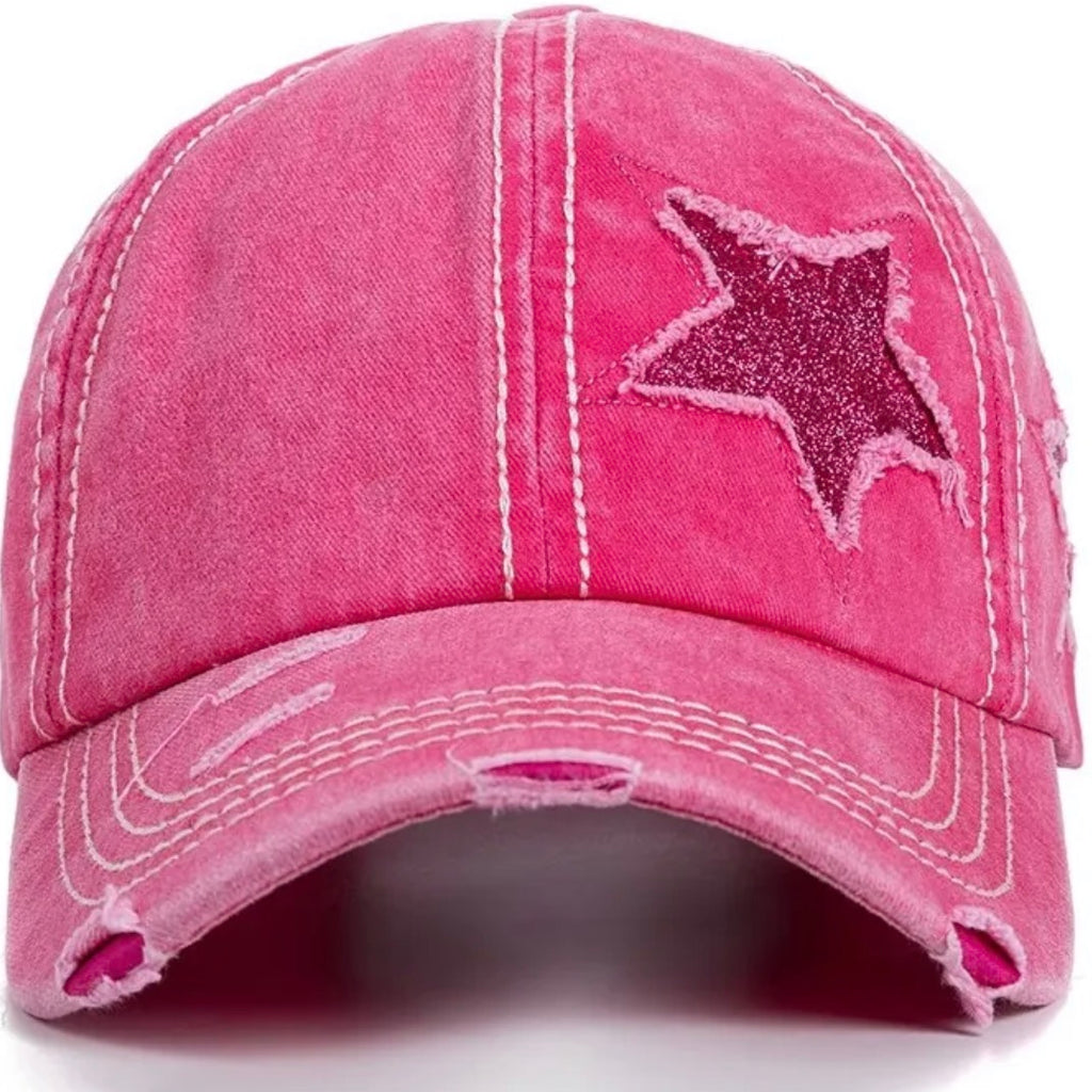 Y2K Distressed Pink Star High-Bun Trucker Hat