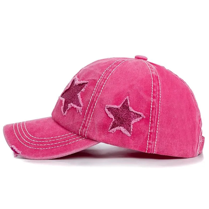 Y2K Distressed Pink Star High-Bun Trucker Hat
