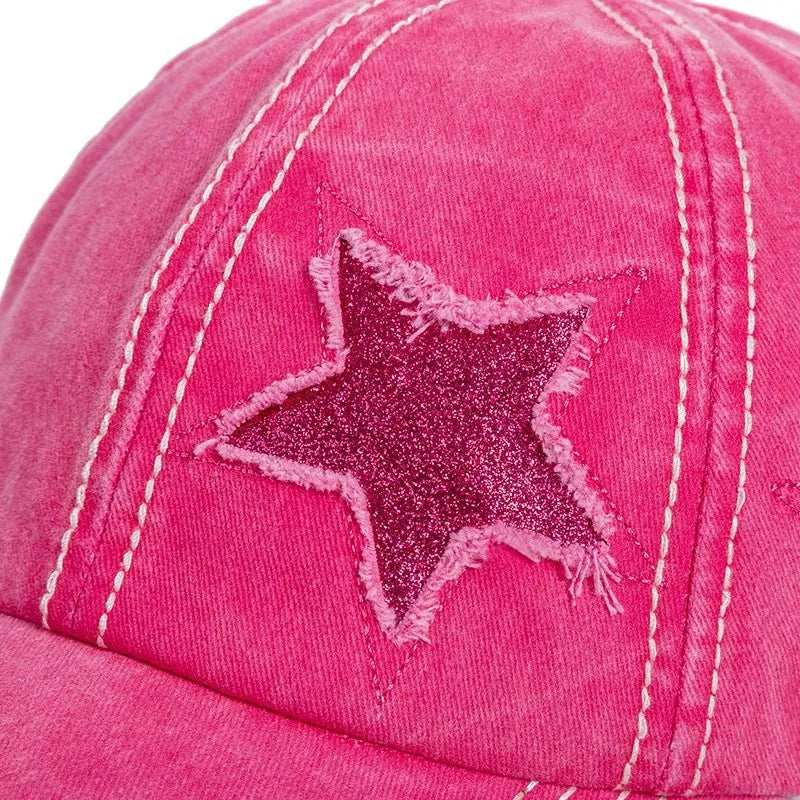 Y2K Distressed Pink Star High-Bun Trucker Hat