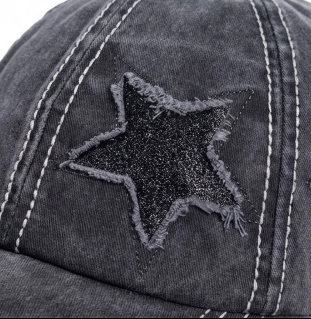 Y2K Distressed Black Star High-Bun Trucker Hat