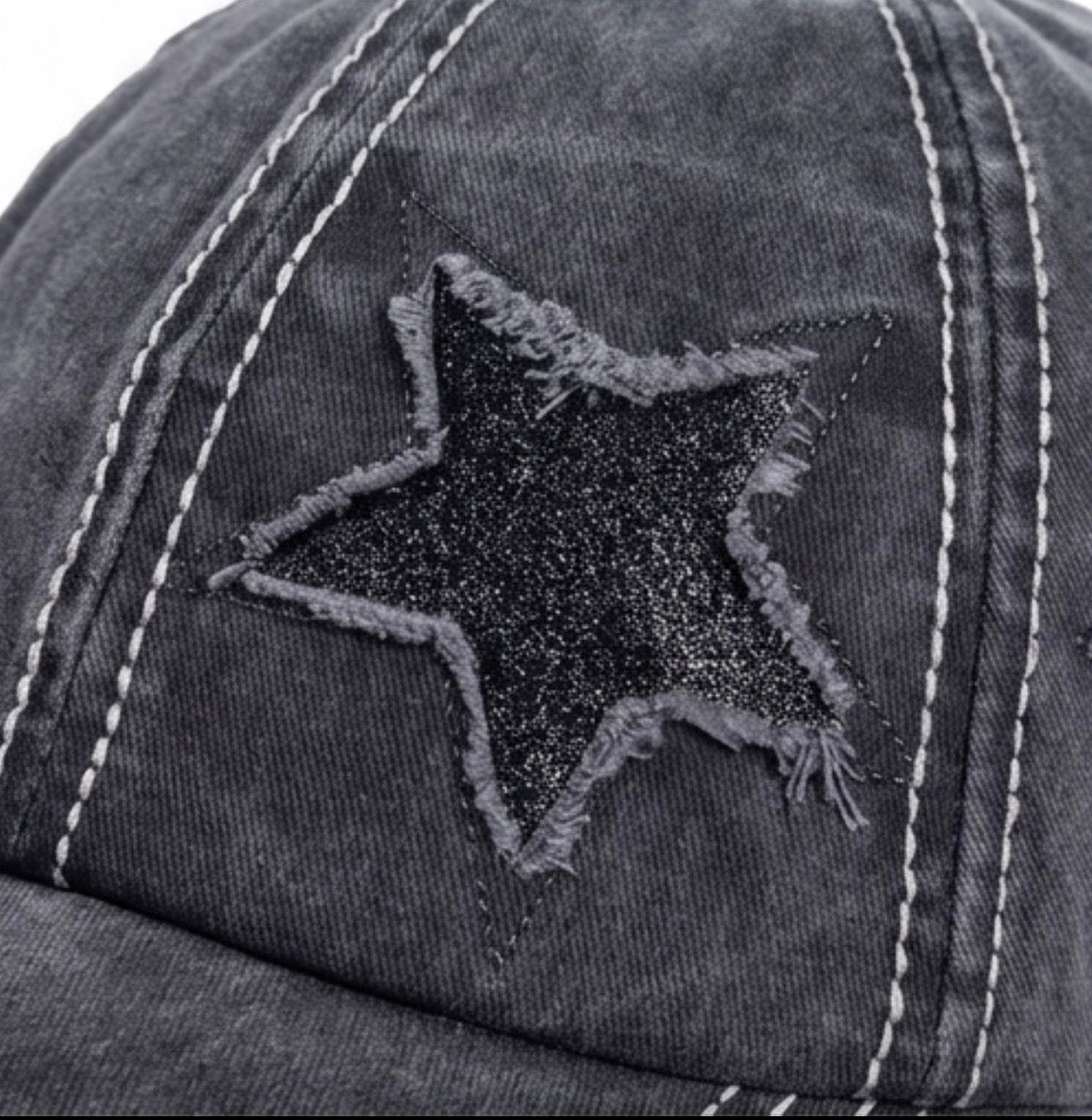 Y2K Distressed Black Star High-Bun Trucker Hat