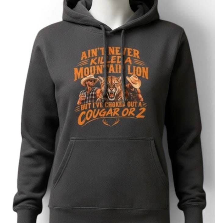 Front of charcoal pullover hoodie with orange western cougar graphic