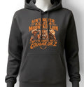 Front of charcoal pullover hoodie with orange western cougar graphic