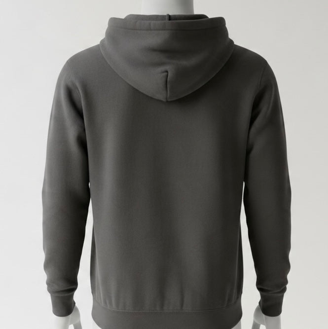 Plain charcoal back of pullover hoodie with hood