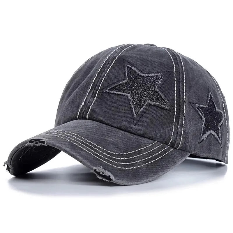 Y2K Distressed Black Star High-Bun Trucker Hat