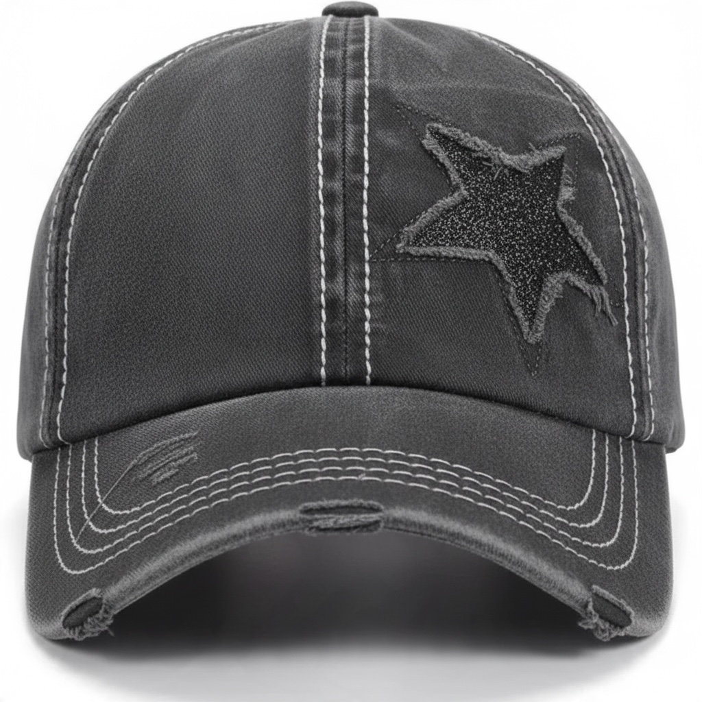 Y2K Distressed Black Star High-Bun Trucker Hat